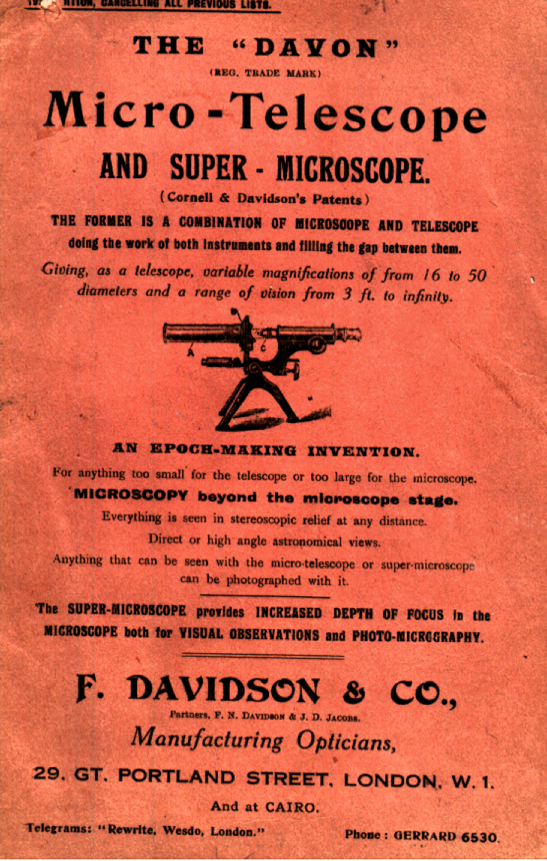 An old advertisement for microscope
Description automatically generated