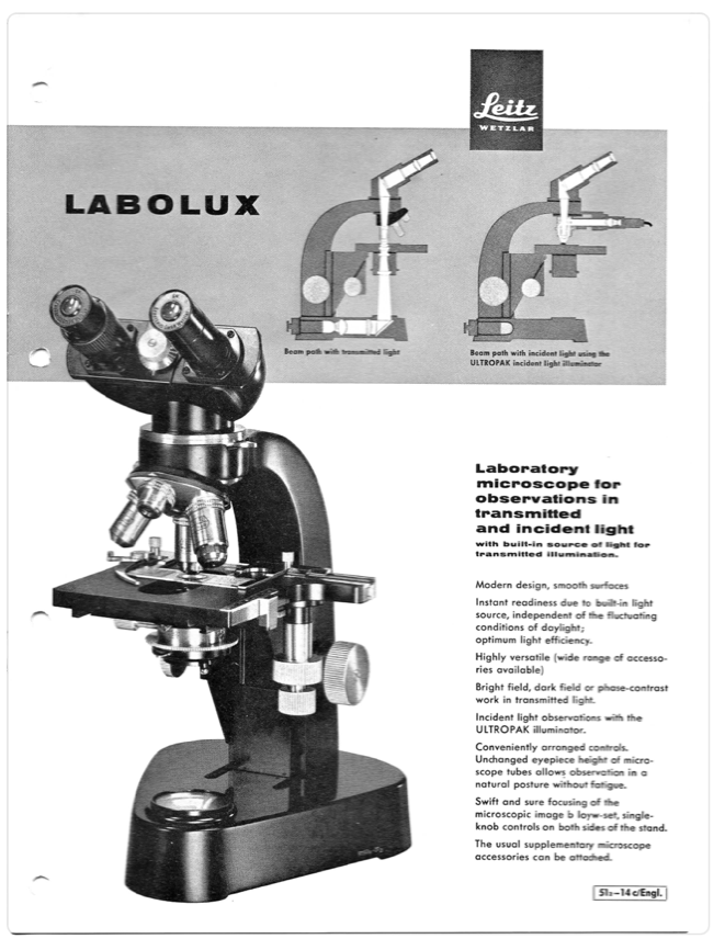A black and white advertisement with a microscope
Description automatically generated