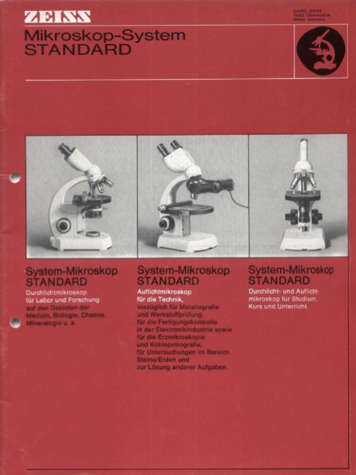 A red and white brochure with several microscopes
Description automatically generated