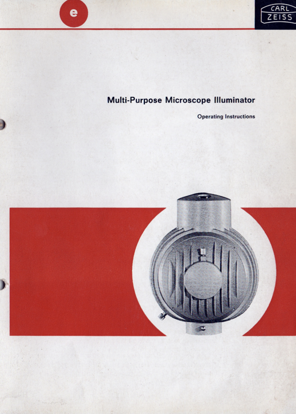 A white and red brochure with a picture of a microscope
Description automatically generated