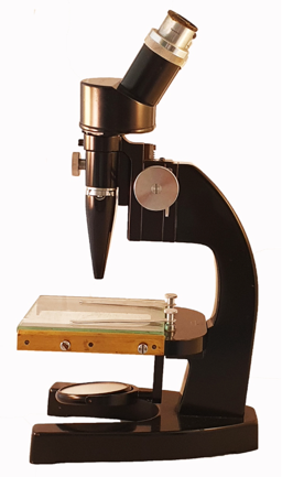 A black microscope with a glass slide
Description automatically generated