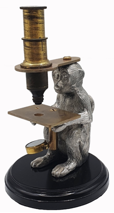 A statue of a monkey holding a microscope
Description automatically generated