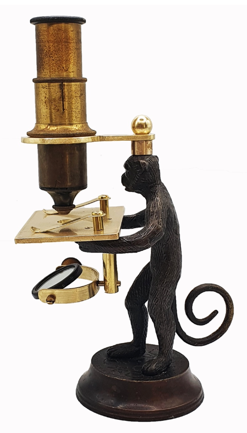 A statue of a monkey holding a microscope
Description automatically generated